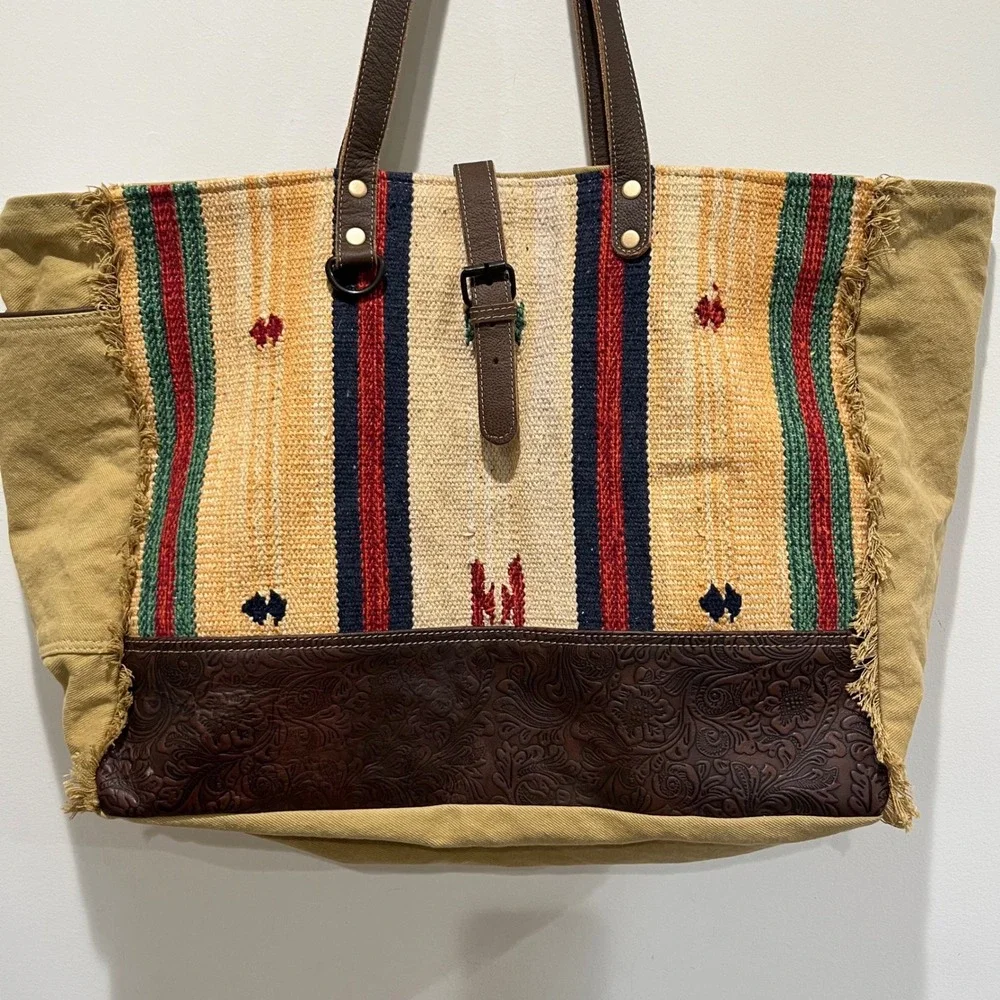 Myra Bag Tote Bag Women Large Weekender Canvas Leather Tooled Western Southwest